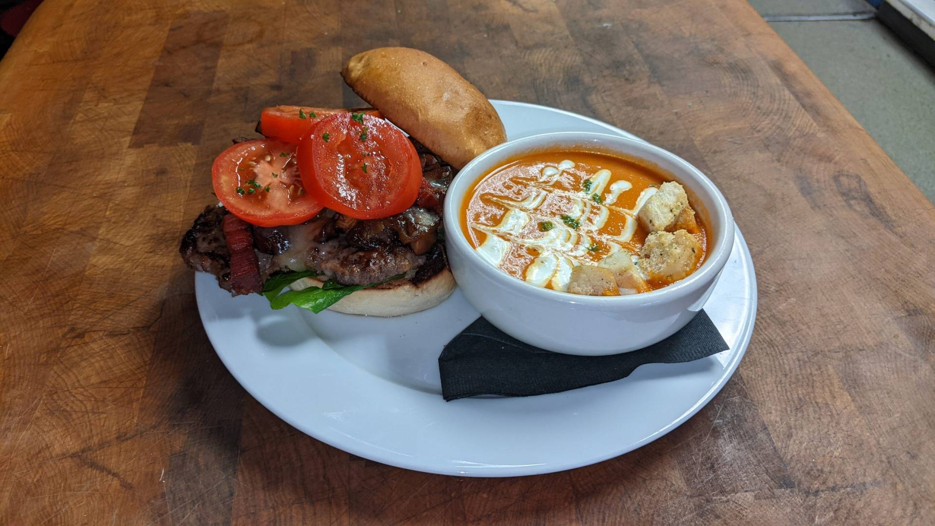 OSF Burger with Housemade Tomato Soup